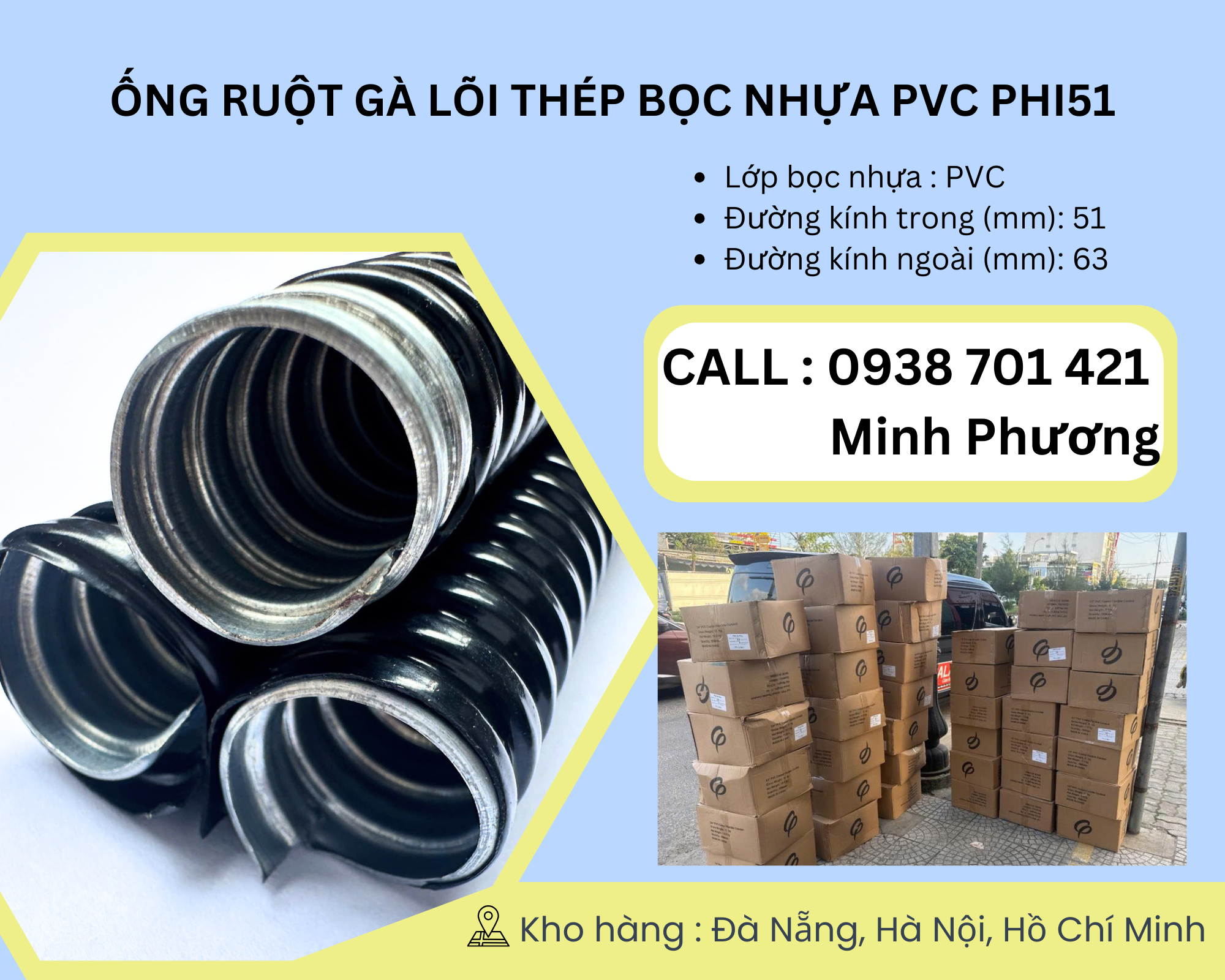 Ống ruột gà lõi thép bọc nhựa Pvc phi 51 Đà Nẵng, Quảng Ngãi, Quảng Trị